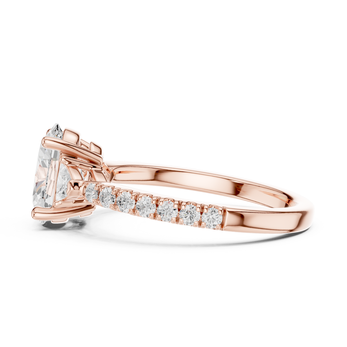 Angle 4 Macro Center Stone Detail: Ultra crisp macro shot focusing on the 9.50x6.50mm oval cut lab grown diamond center gem and trillion side accent stones, emphasizing VVS1 clarity, high quality facet pattern, and exceptional sparkle in solid 18K gold setting.