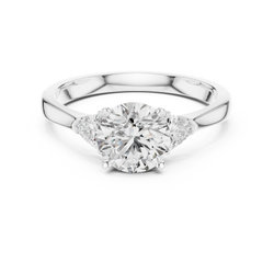 Angle 5 Metal Hallmark and Under Gallery Detail displaying authentic solid gold purity stamp and immaculate polish underneath the three stone setting proving genuine artisanal quality and lifetime durability crafted for women searching for custom lab diamond jewelry.

