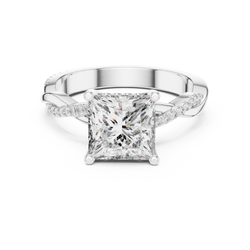 Angle 5 Perspective View showing the unique twisted pave shank and full basket detail holding the 2 ct lab grown diamond securely

