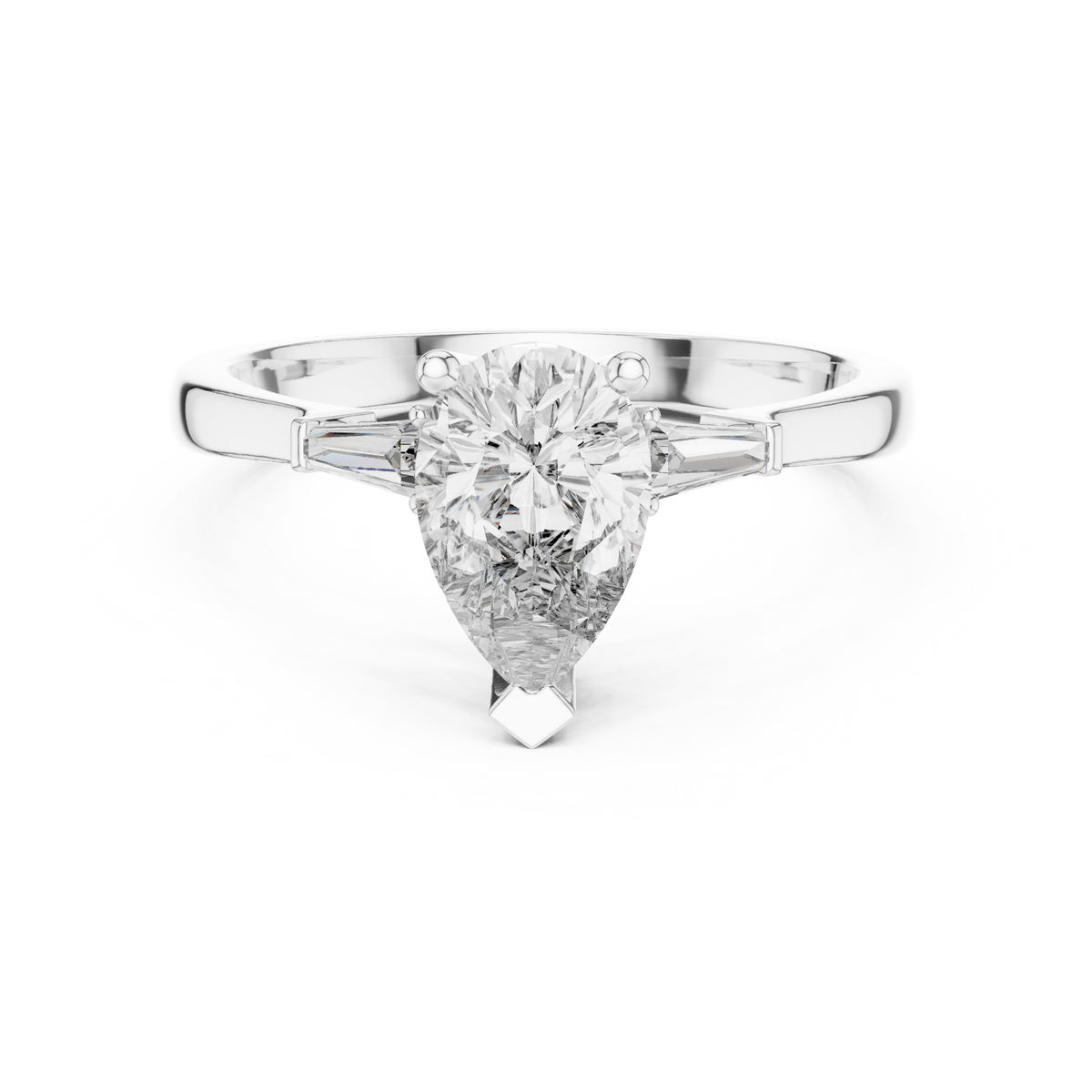 Angle 5 Top Down Overhead Perspective capturing the classic 3 stone symmetry and outline of the pear cut and dual tapered baguettes set in high polish solid gold ring construction.

