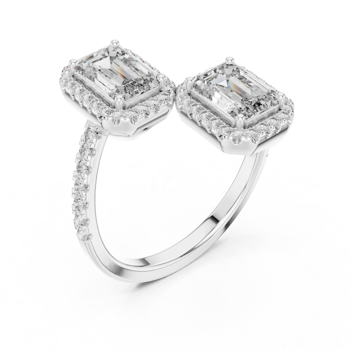Angle 6 Luxury Gift Box Perspective showing the Toi et Moi two stone lab diamond engagement ring nestling securely inside a dark green velvet ring box ready for a romantic proposal gift presentation.

