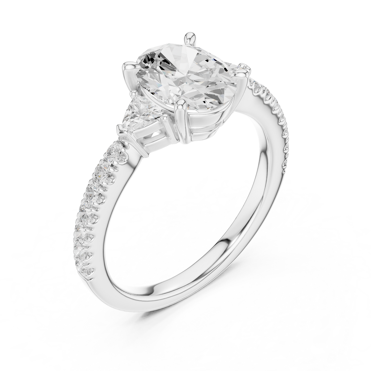 Angle 6 Luxury Gift Packaging: Premium velvet ring box open display featuring the 3 stone oval lab diamond engagement ring nestling securely inside plush lining, ready for surprise romantic proposals, anniversary celebrations, and holiday gifting.