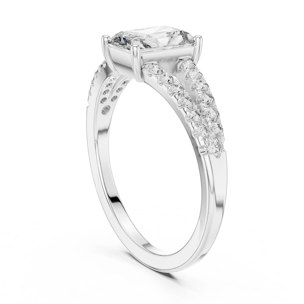 Angle 7 Sunlight Reflection View: Capturing the intense brilliance and rainbow refraction of the radiant cut lab grown diamond in direct natural light setting on a sleek pave solid gold shank.