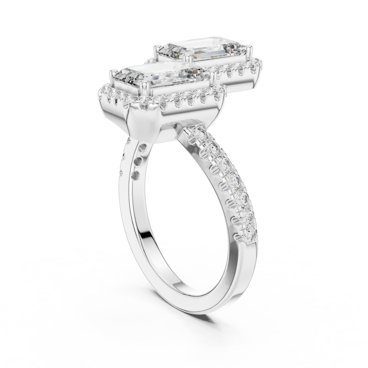 Angle 7 Sunlight Sparkle Reflection displaying the brilliant fire and rainbow flash emitted by the lab grown emerald cut diamonds under direct sunlight showcasing excellent optical purity and VVS clarity.

