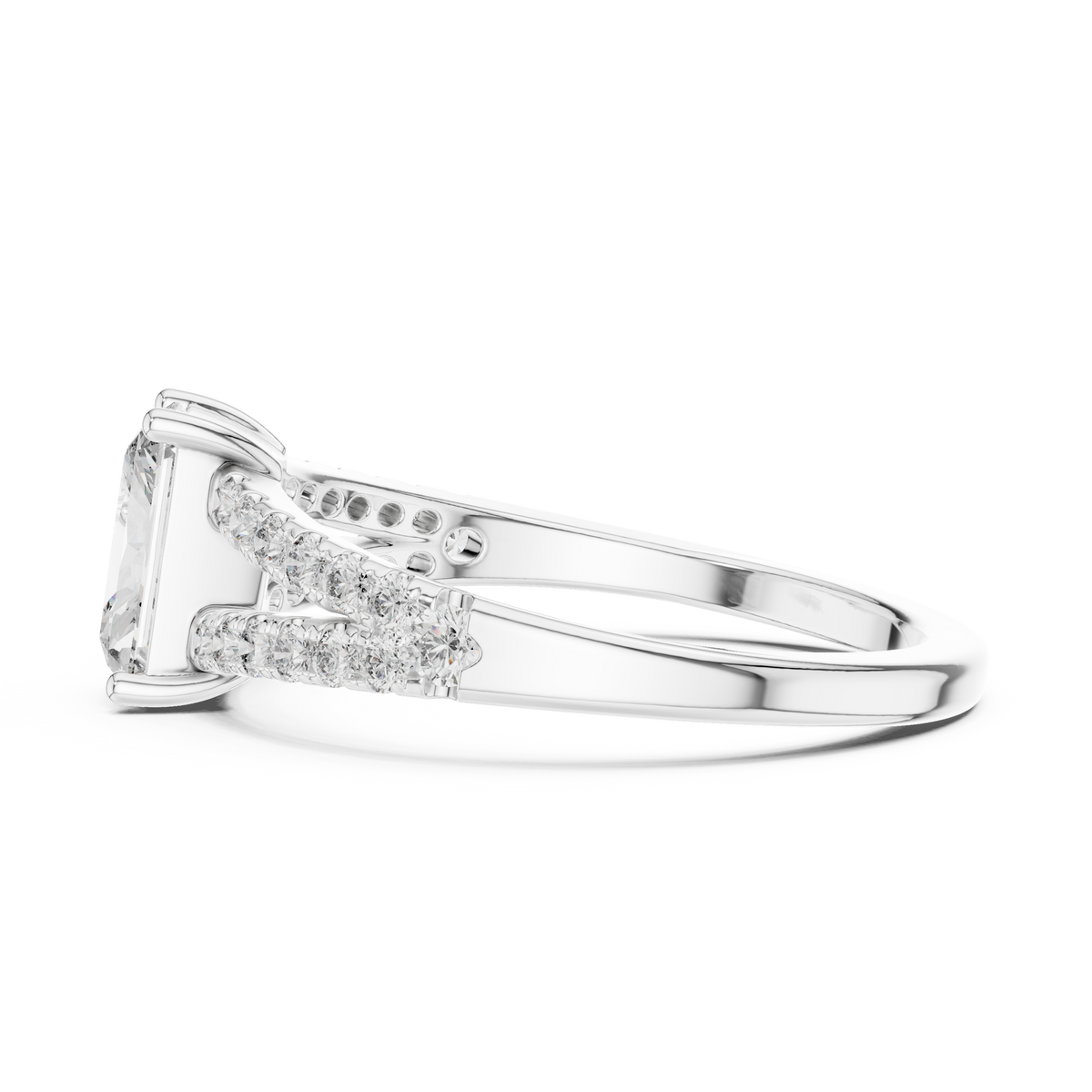 Angle 8 Stacked Wedding Band View: Demonstration of how this cathedral 14K Gold Radiant Cut Lab Diamond Ring stacks flush against matching pavé wedding bands for a cohesive bridal set appearance.