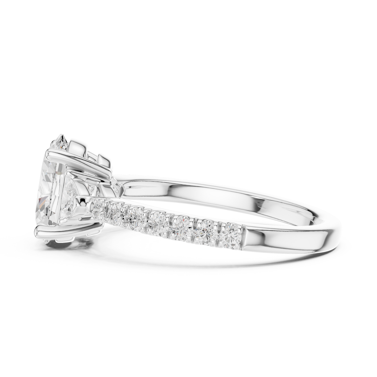 Angle 8 Stacked Wedding Band View: Stylish ring stack arrangement demonstrating how this 3 stone oval lab diamond ring pairs seamlessly with a classic gold eternity wedding band or curved pave band for bridal set inspiration.