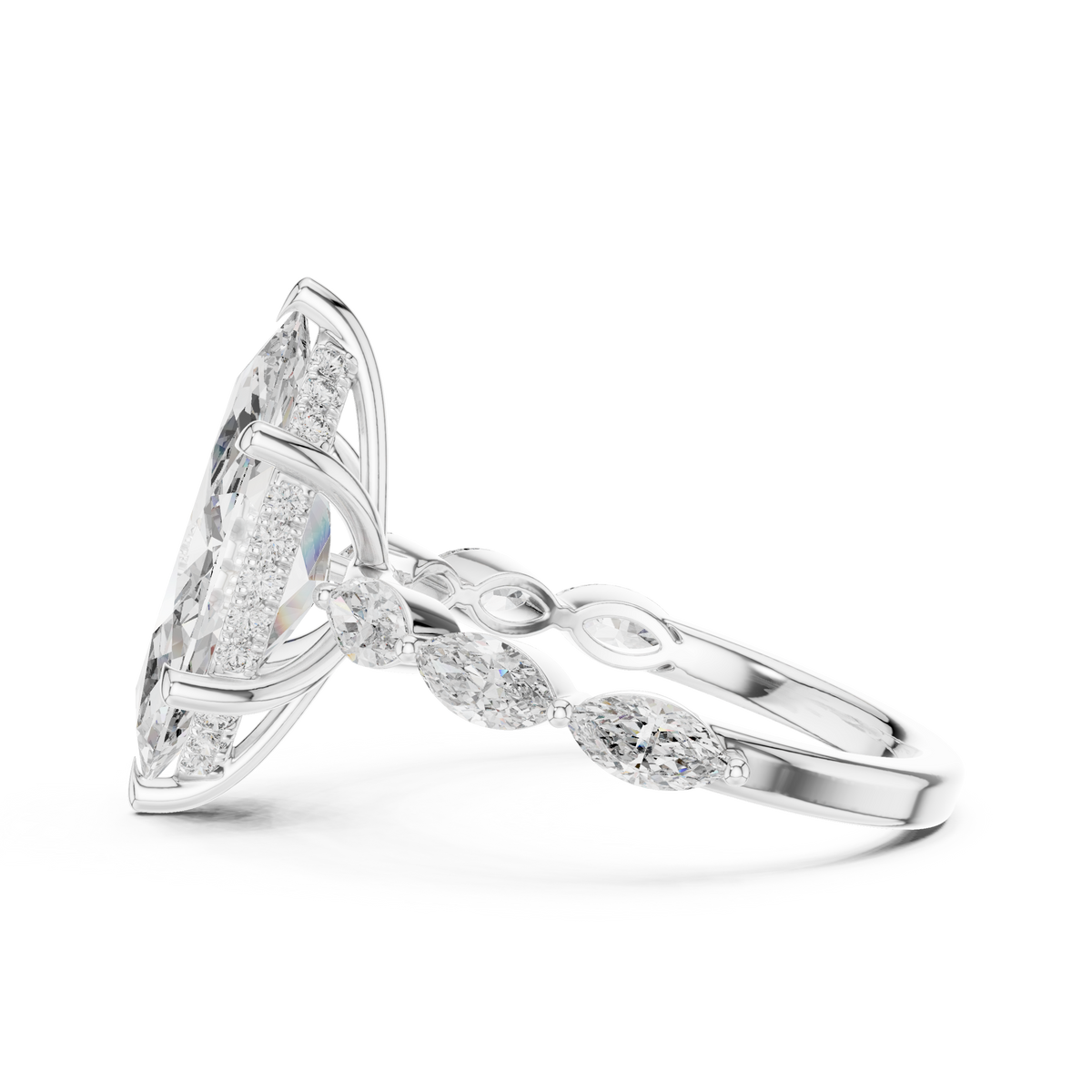 Angle 8 Stacked Wedding Set View pairing this 4ct marquise engagement ring with a matching curved diamond band to showcase how seamlessly it sits flush as a complete bridal ring set.

