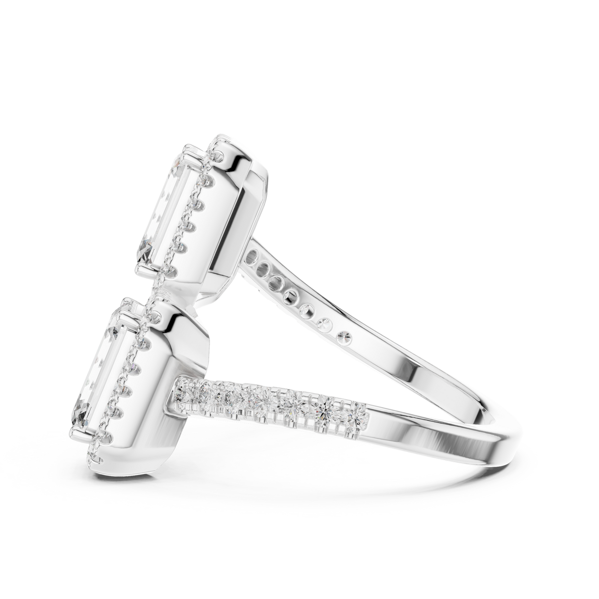 Angle 8 Stacked with Wedding Band showing how the bypass design of this Toi et Moi ring coordinates seamlessly alongside a matching paved diamond eternity wedding band for a full bridal stack look.

