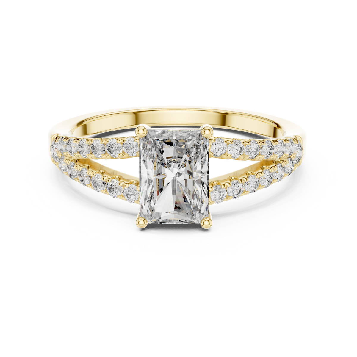 Angle 9 Scale Measurement View: Top down perspective showing precise 7x5mm radiant cut center stone dimensions and proportion against a comfortable standard US size 7 ring shank.