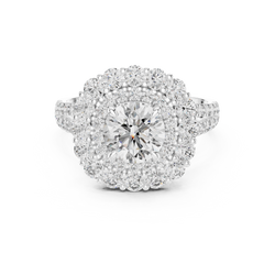 Angle nine scale precision measurement perspective showing 6.50mm round center diamond and 2.41 ctw lab grown diamond setting crafted in high polish sterling silver and solid karat gold metal.

