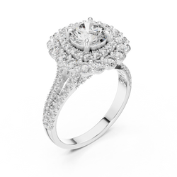 Angle ten bench jeweler craftsmanship view illustrating hand stone setting process and fine optical symmetry of round halo lab diamond ring crafted by skilled artisan jewelers at HB Prestige Jewels.


