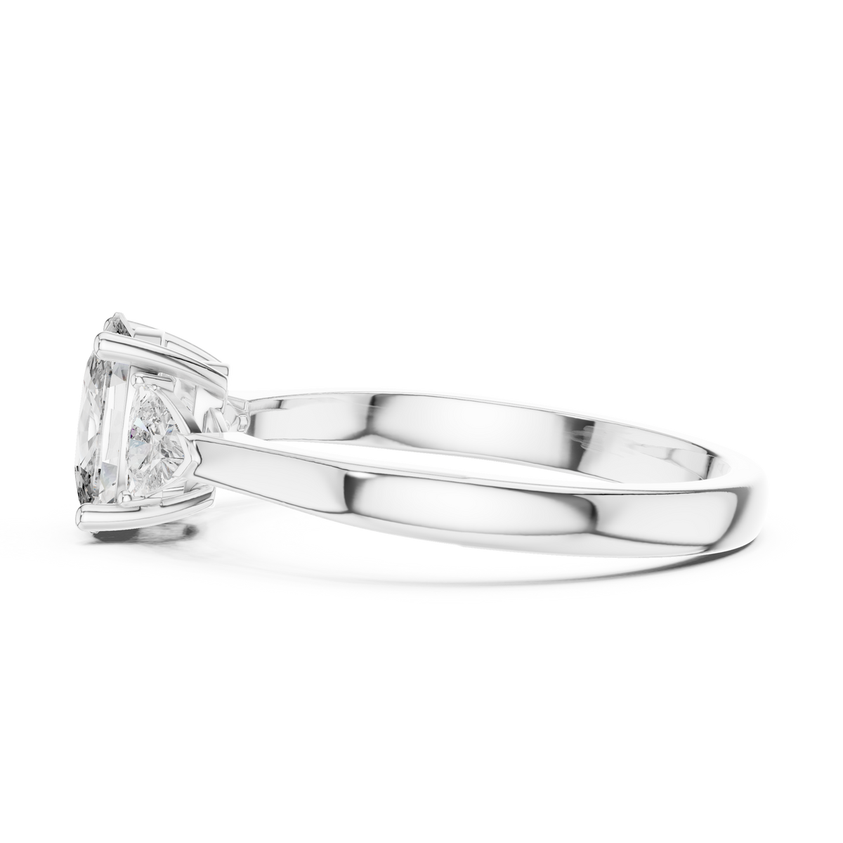 Angled perspective showing how this classic cushion three stone lab diamond ring stacks flush with a solid gold wedding band, offering potential brides a seamless and elegant bridal stack configuration that enhances hand beauty while maintaining daily comfort and high luxury aesthetic for US buyers.

