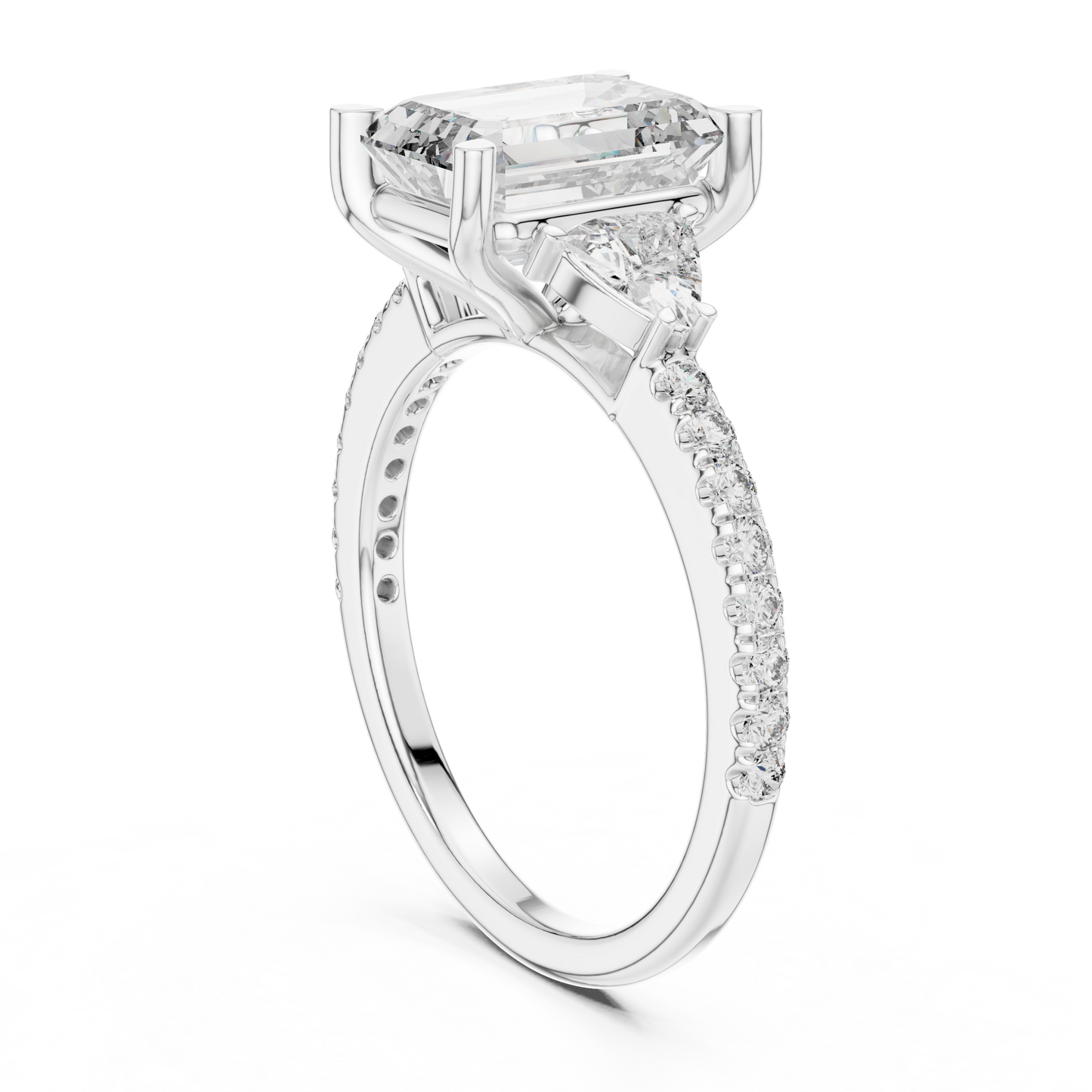 Artisan Crafted 14K Gold Collet Setting Ring With Emerald Cut Diamond And Trillion Side Stones Professional Shot