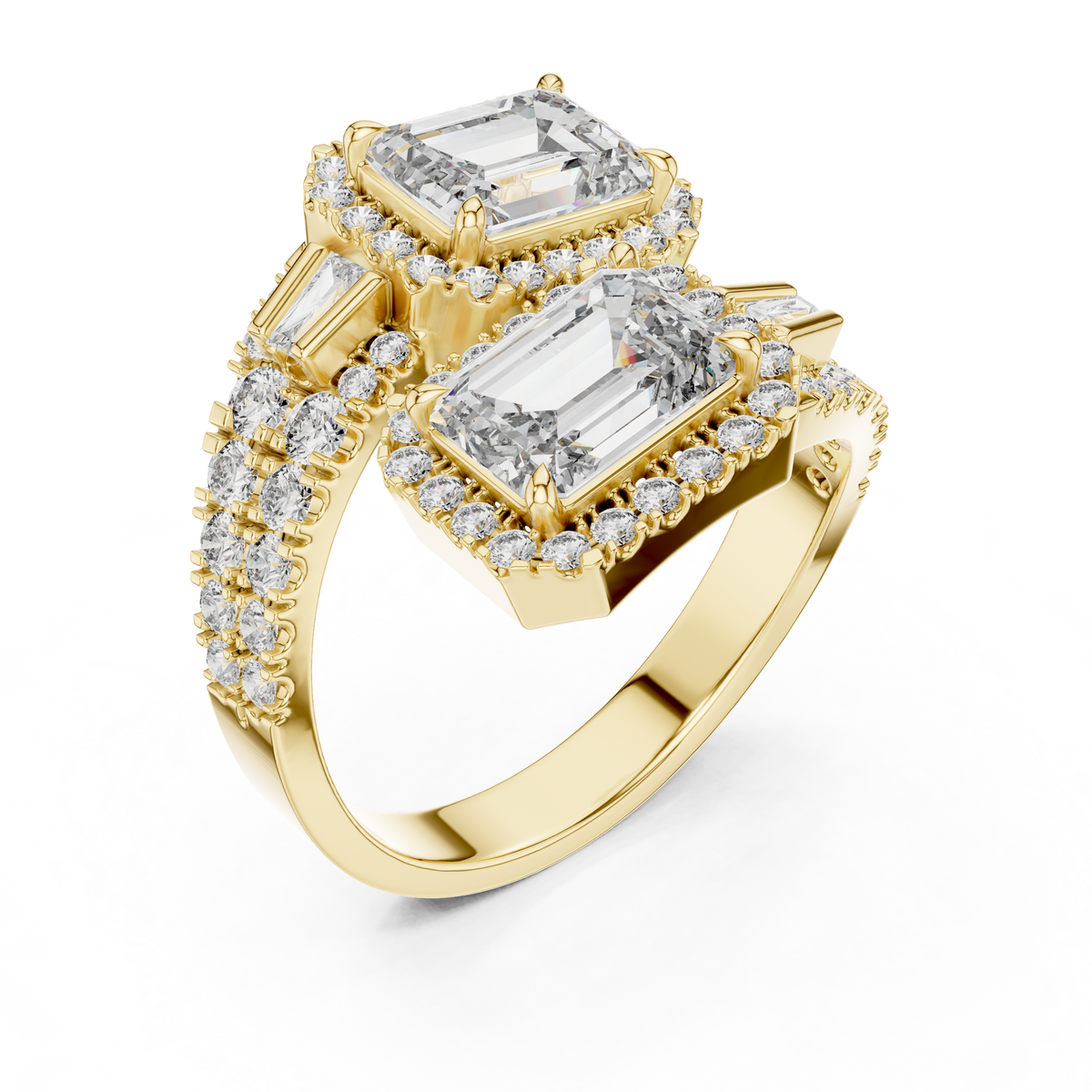 Artisan workshop close up photo showing hand setting process of lab grown diamonds onto 14K gold split shank band, emphasizing handmade jewelry craftsmanship and precision polishing details.