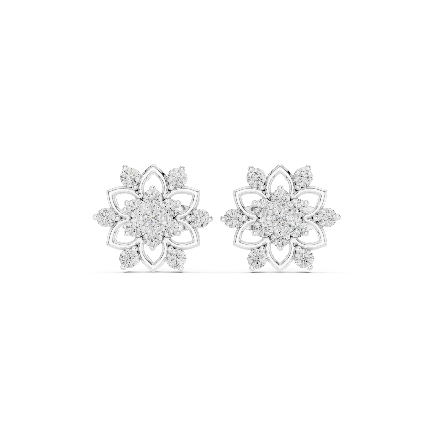 Beautifully Crafted 14K Gold Floral Diamond Earrings Perfect Bridal Jewelry Floral Lab Diamond Earrings | 14K Gold Flower Studs | Lab Grown Diamond Jewelry | Bridal Flower Earrings | Unique Gift For Her | Floral Studs Natural Outdoor Sunlight Fire Dispersion Sparkle Reflection View Gold Flower Jewelry Small Diamond Studs HB Prestige Jewels