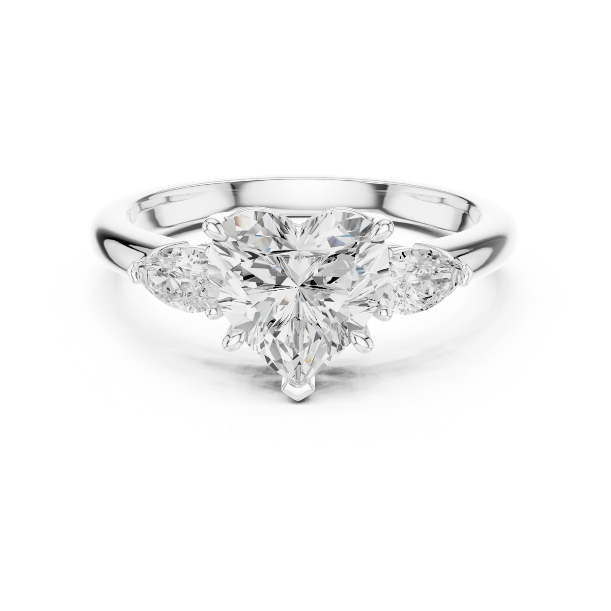 Bridal Heart Cut Lab Grown Diamond Engagement Ring 2.50 — Direct top-down view of the bridal heart cut lab grown diamond engagement ring rendered in brilliant white gold, highlighting the icy white sparkle of the central heart diamond and flanking pear accent stones in a multi-prong solitaire framework.
