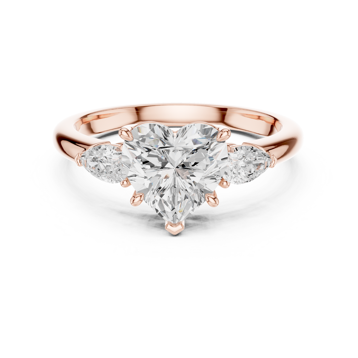 Bridal Heart Cut Lab Grown Diamond Engagement Ring 2.50 — Front perspective of the bridal heart cut lab grown diamond engagement ring in 14k rose gold featuring a center 2.00 carat heart cut diamond balanced by twin side pear accents in high-polish multi-prong settings against a clean studio background.
