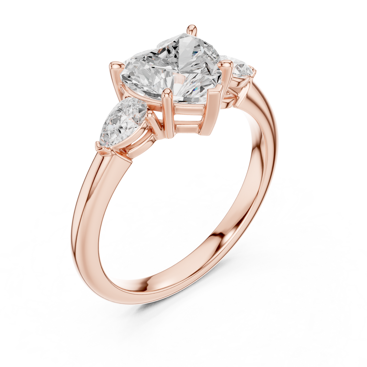 Bridal Heart Cut Lab Grown Diamond Engagement Ring 2.50 — Three-quarter angled view of the bridal heart cut lab grown diamond engagement ring rendered in polished rose gold, showcasing the elevated prong basket design, gleaming pear side diamonds, and smooth comfort-fit band crafted for romantic proposals.