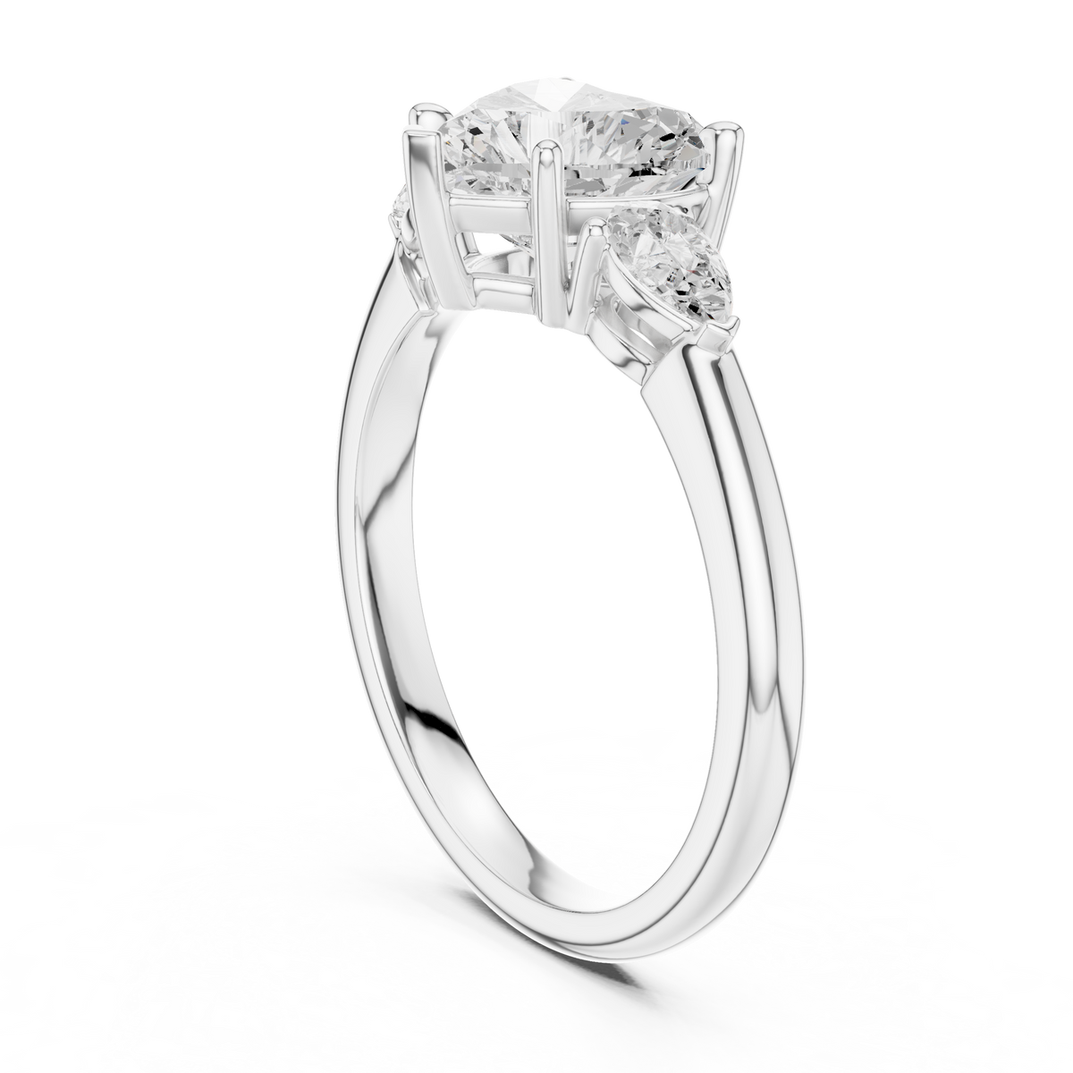 Bridal Heart Cut Lab Grown Diamond Engagement Ring 2.50 — Three-quarter perspective view of the bridal heart cut lab grown diamond engagement ring in yellow gold showing the sparkling heart and pear stones, multi-prong basket frame, and comfortable tapered shank for an elegant bridal look.