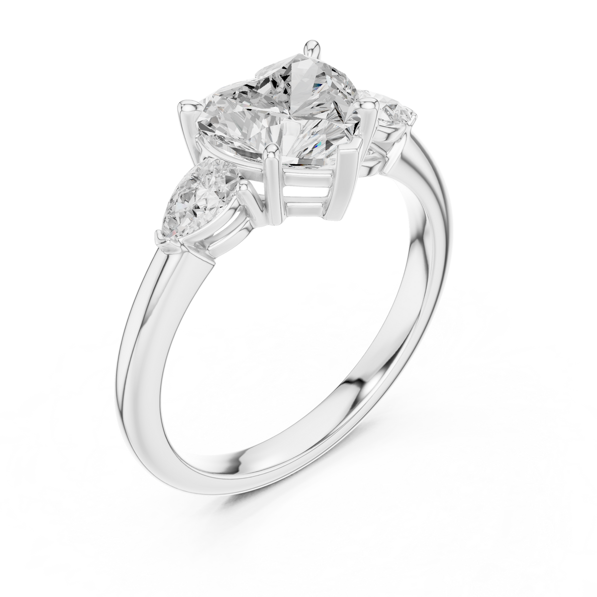 Bridal Heart Cut Lab Grown Diamond Engagement Ring 2.50 — Top-down view of the bridal heart cut lab grown diamond engagement ring in classic 14k yellow gold showcasing the warm gold prongs hugging the heart cut center stone and brilliant side pear accents on a polished plain metal band.