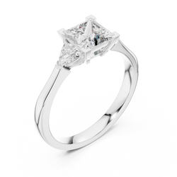 Close-up detail shot focusing on the corner prongs and trillion accents of the Bridal Engagement Princess Cut Lab Grown Diamond Ring, designed for superior craftsmanship in lab created diamond bridal jewelry.