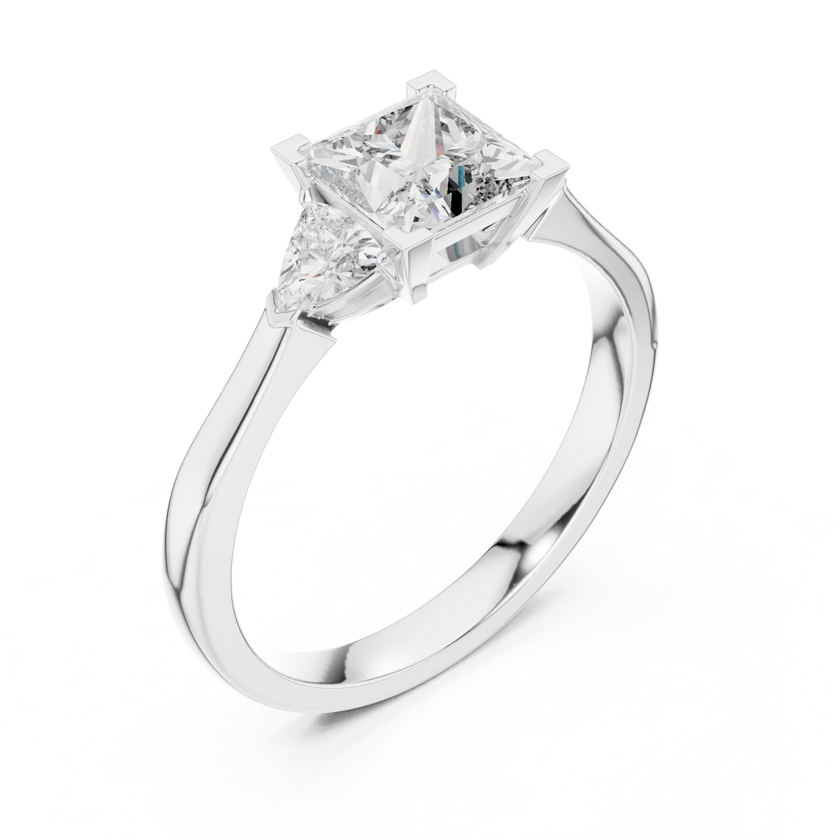 Close-up detail shot focusing on the corner prongs and trillion accents of the Bridal Engagement Princess Cut Lab Grown Diamond Ring, designed for superior craftsmanship in lab created diamond bridal jewelry.