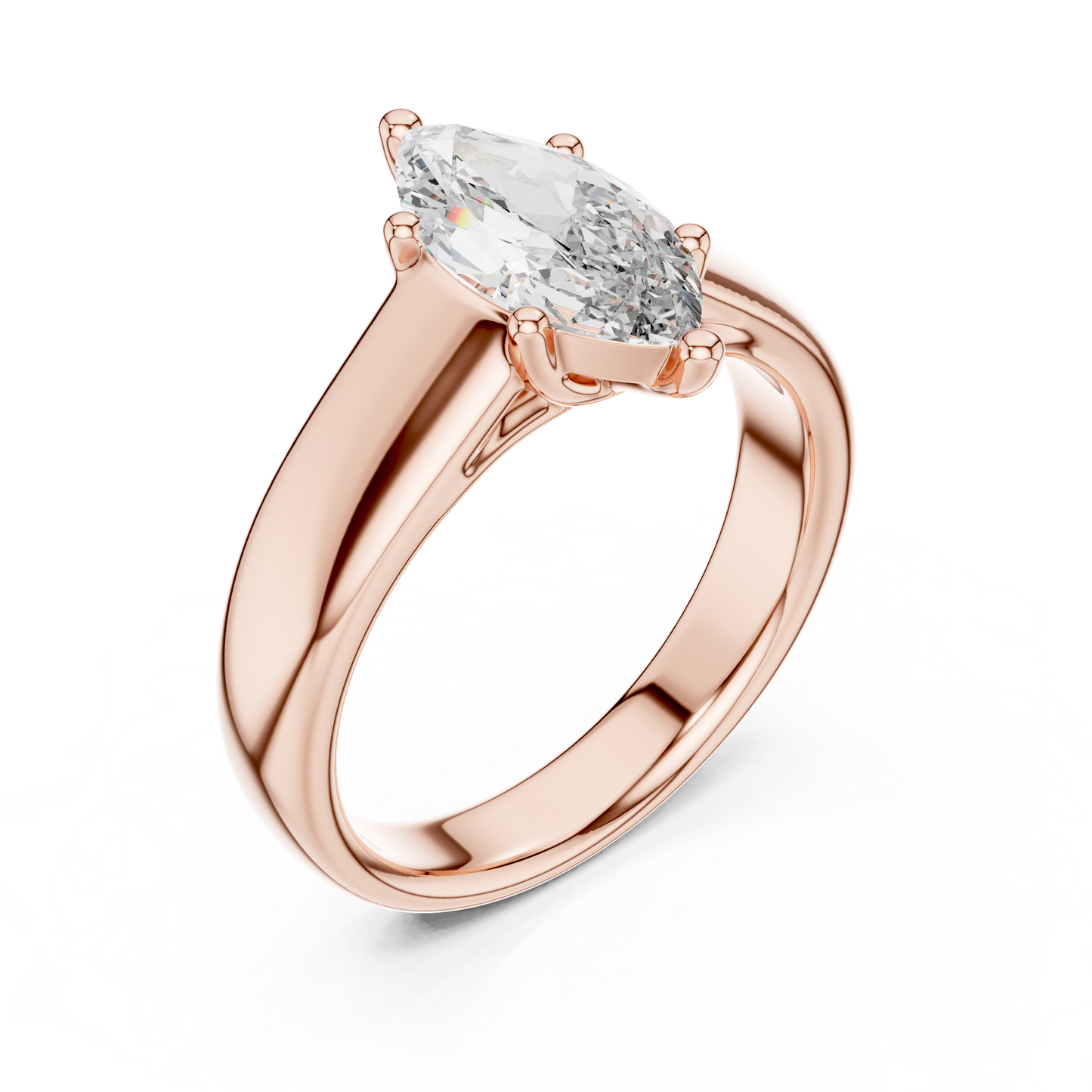 Close Up Macro Shot Of 12x6mm Marquise Cut Lab Grown Diamond Set In Solid 14K Gold Modern Minimalist Ring For Wedding Anniversary
