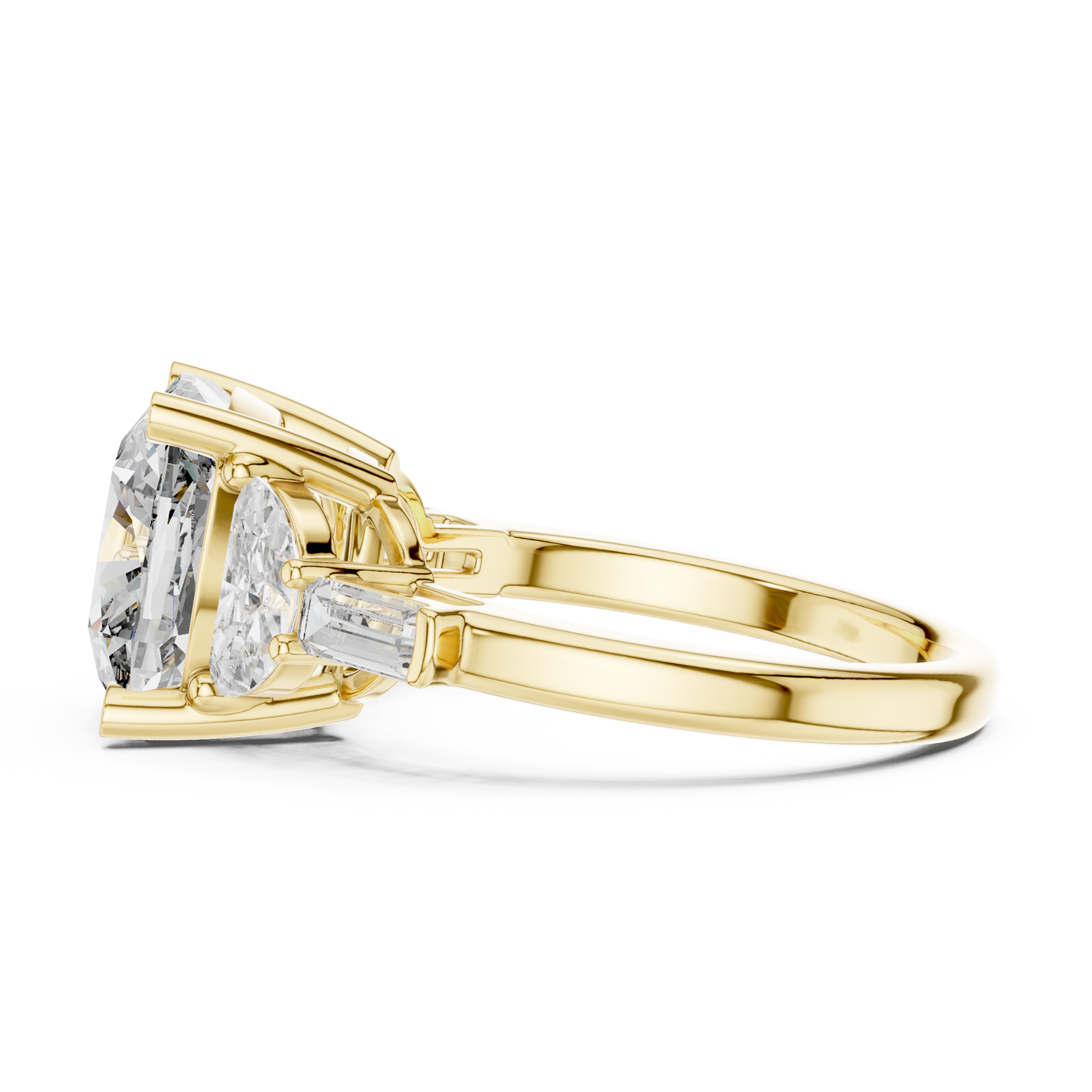 Close Up Macro View Of Cushion Cut Lab Grown Diamond Ring Setting And Side Stone Brilliance HB Prestige Jewels