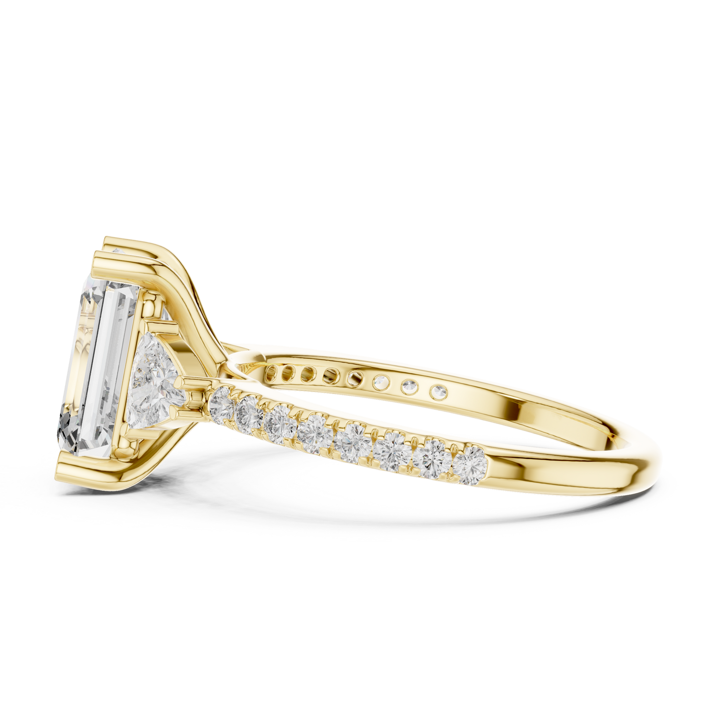 Close Up Shot Of Emerald Cut Lab Grown Diamond 14K Gold Three Stone Ring Showcasing Intricate Setting And Shine
