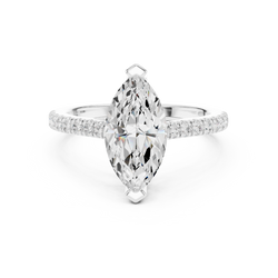 Close up detail of the ring band showing the high quality 14k gold hallmark and the precise setting of round brilliant lab diamonds along the shank for high end fine jewelry buyers