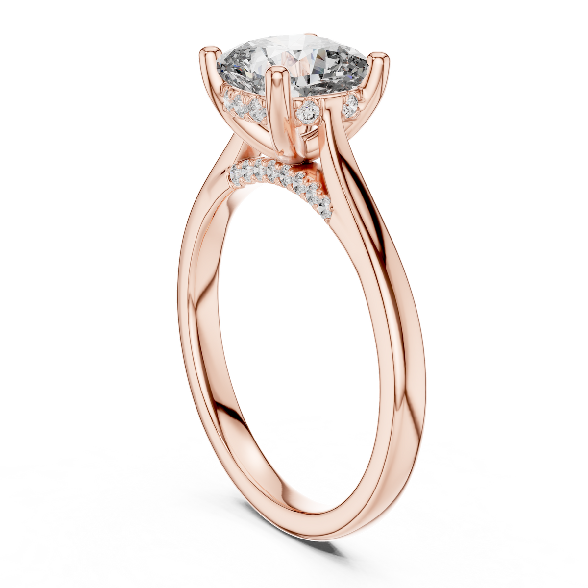 Close up macro perspective showcasing the precision 7mm cushion cut lab grown center stone held securely by classic gold prongs and accent under halo diamonds.

