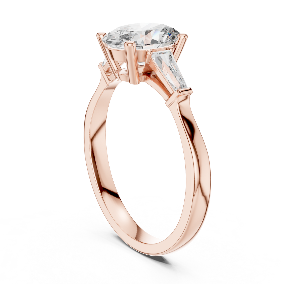 Close up macro shot capturing the brilliant cut oval lab grown center diamond and crisp baguettes displaying exceptional clarity and light refraction in a 14k gold three stone ring structure

