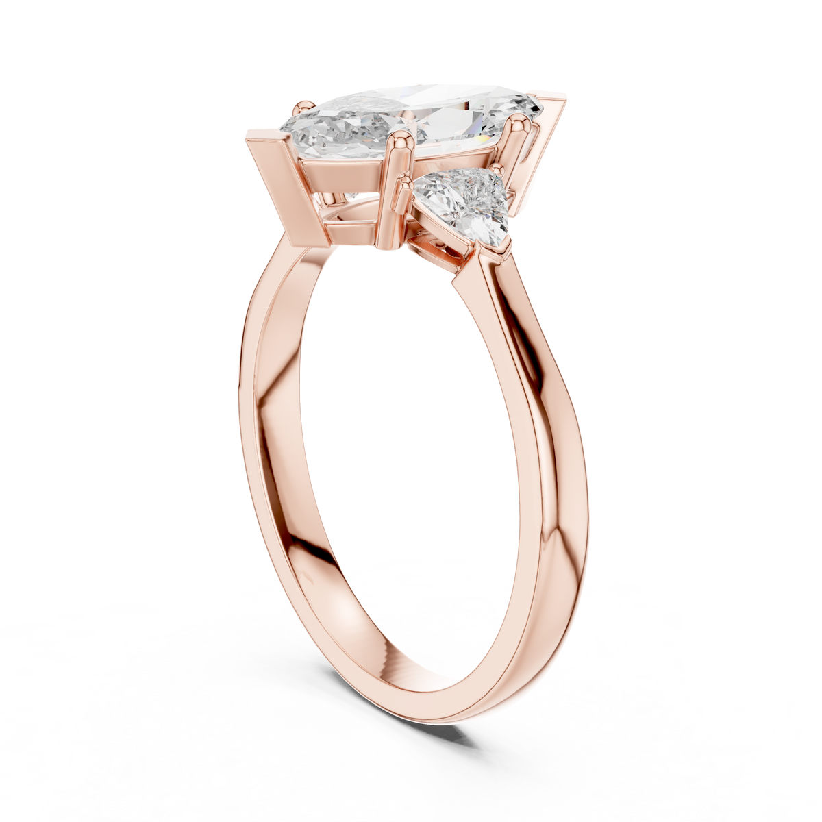 Close up macro shot showing the exceptional brilliance of the DEF VVS1 Marquise lab diamond paired with twin trillion side stones on an 18K solid gold polished band.

