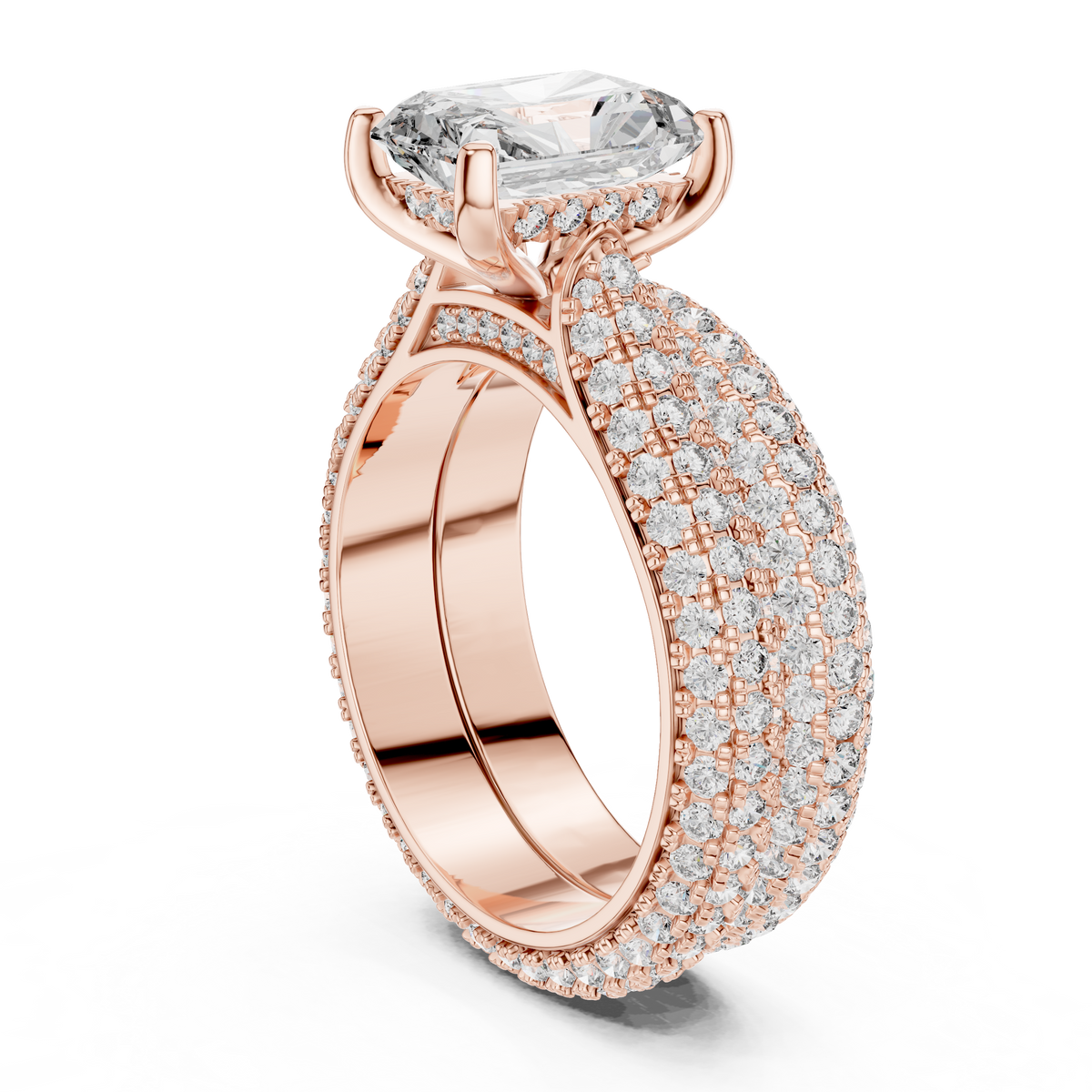 Close up macro view of the 8.50 by 6.50 mm radiant cut diamond showcasing brilliant clarity and fire, surrounded by precision cut round lab diamond accents set seamlessly in a luxurious 18K yellow gold mounting.

