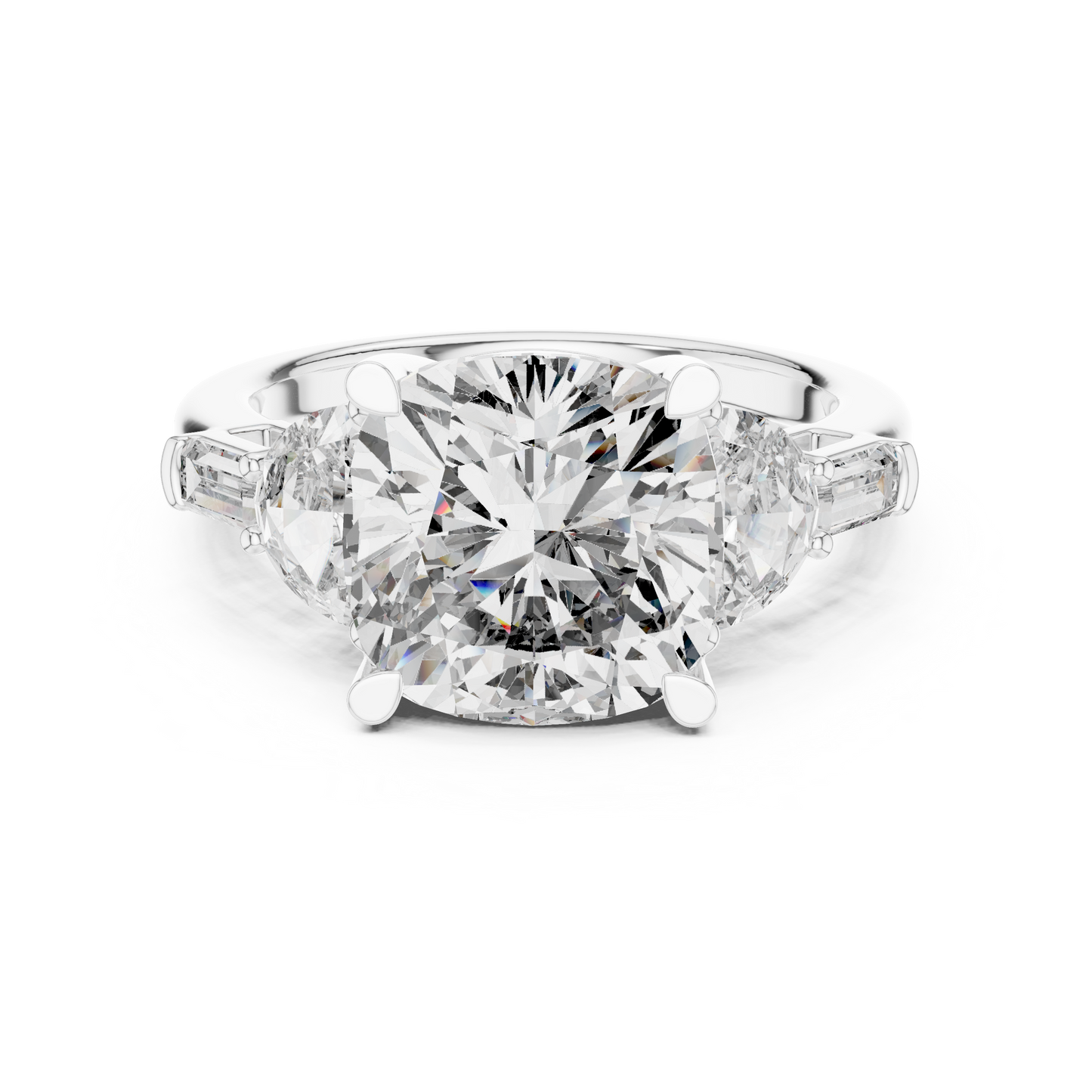 Close up shot of the half moon and baguette side stones on our luxury gold engagement ring emphasizing the intricate detailing and high polish finish of this HB Prestige Jewels design