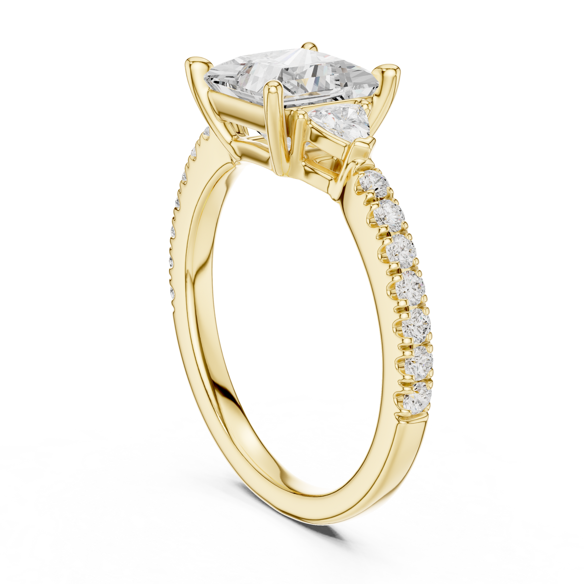Craftsmanship close up of a 14K Gold Three Stone Diamond Ring emphasizing smooth metal finishes, secure gem placement, and high polished shank dimensions created by master artisans at HB Prestige Jewels.