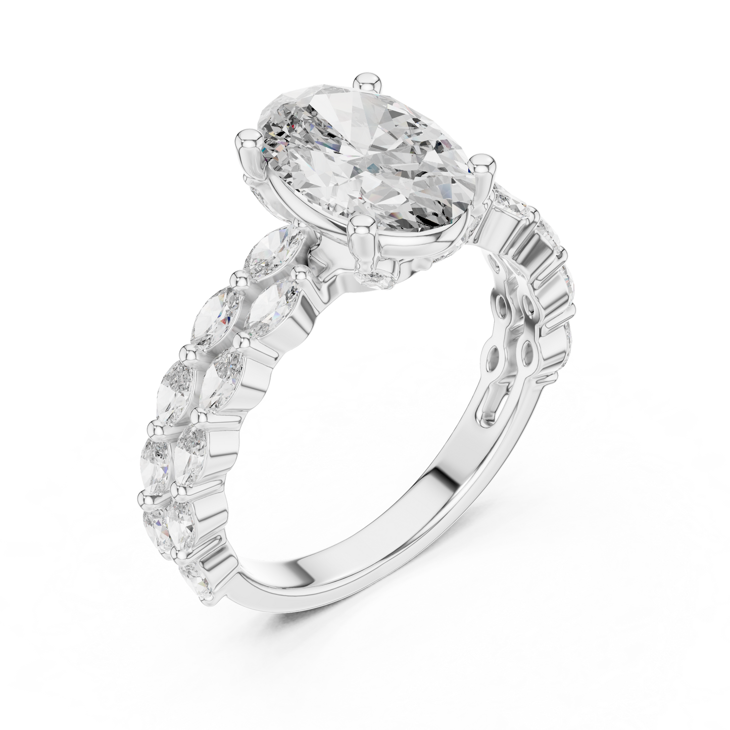Custom 14K Gold Oval Lab Grown Diamond Engagement Ring Side Profile Hidden Halo Design Fine Jewelry
