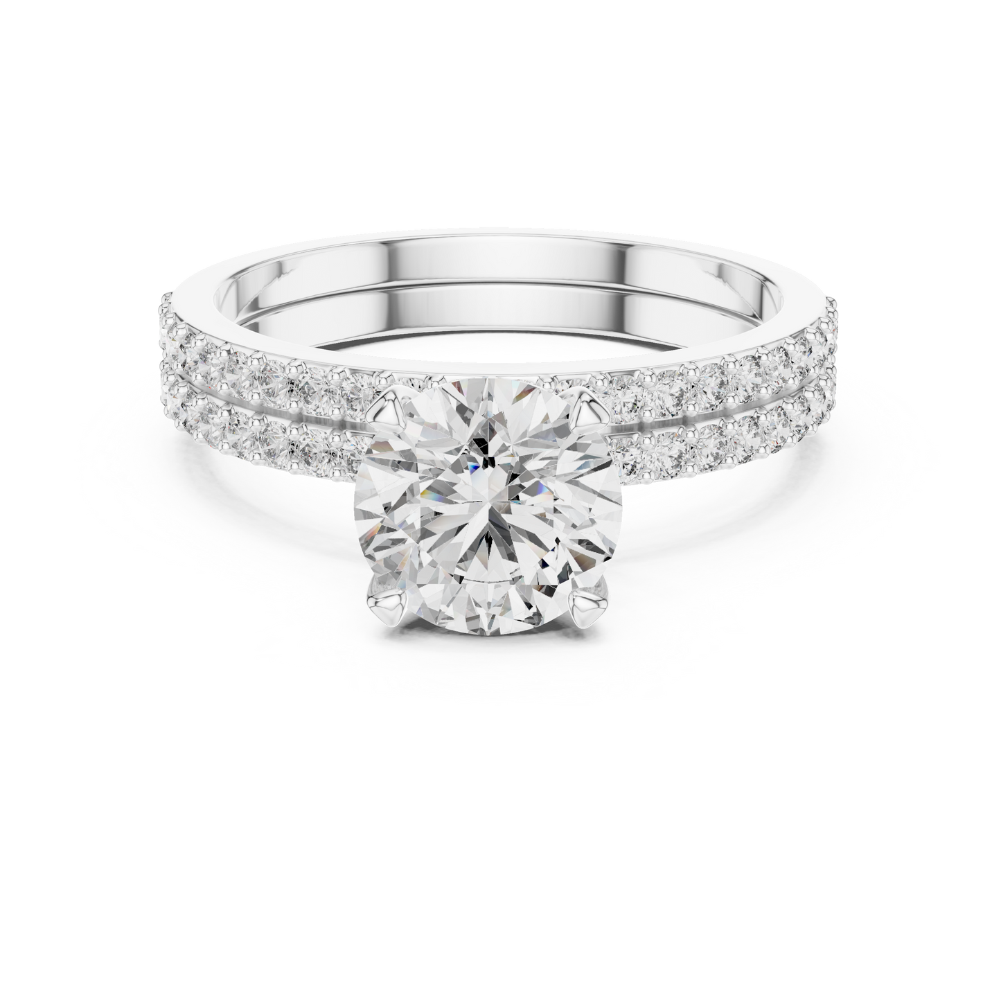 1.45Ct Double Row Moissanite Engagement Ring | Round Cut Solitaire & Pave Band | Gift Promise Band