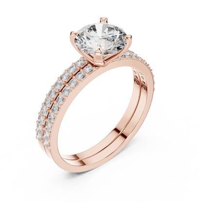 1.45Ct Double Row Moissanite Engagement Ring | Round Cut Solitaire & Pave Band | Gift Promise Band