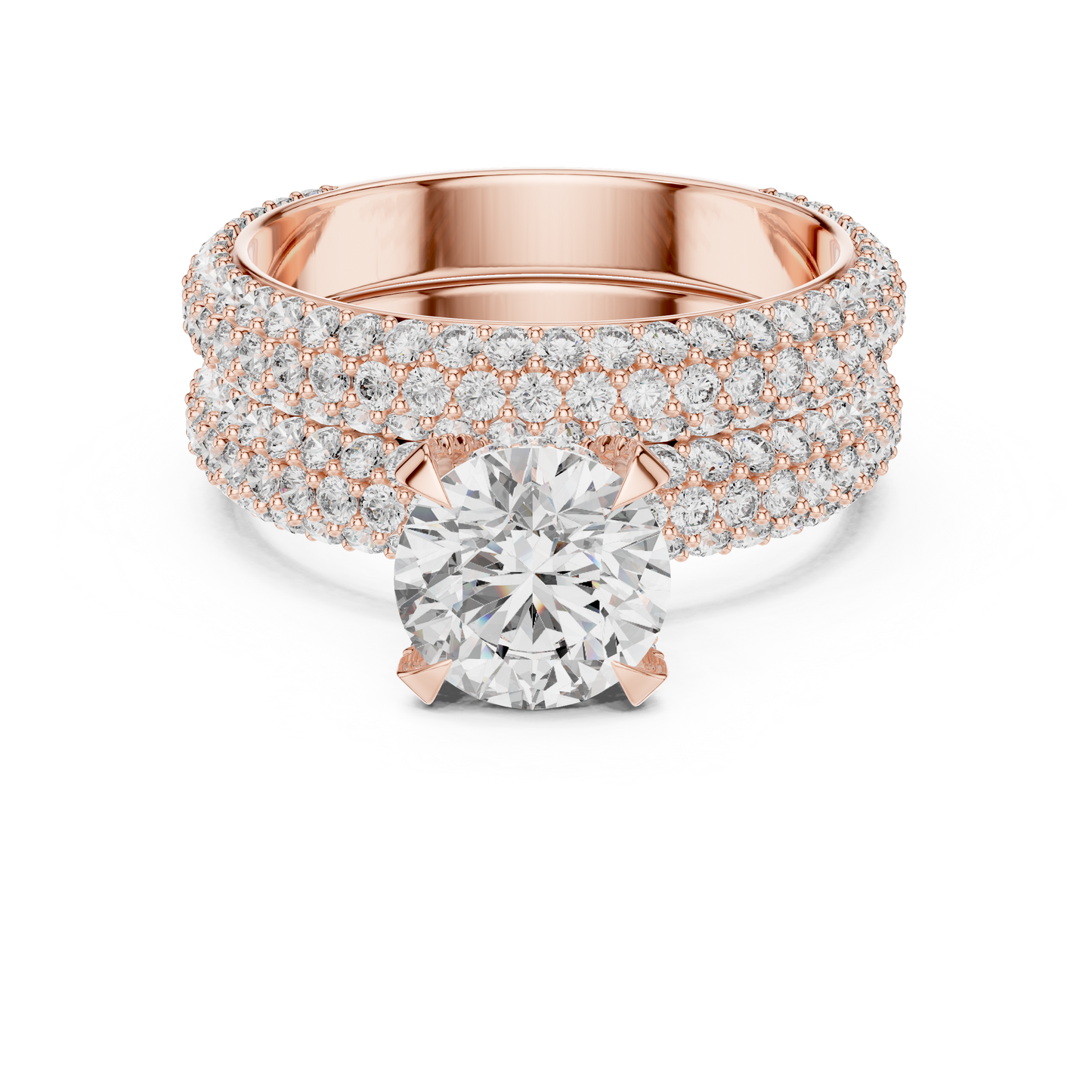 1.50CtHigh-Shine Bridal Ring Pair – Round Solitaire with Triple-Row Diamond Band - big stone engagement ring