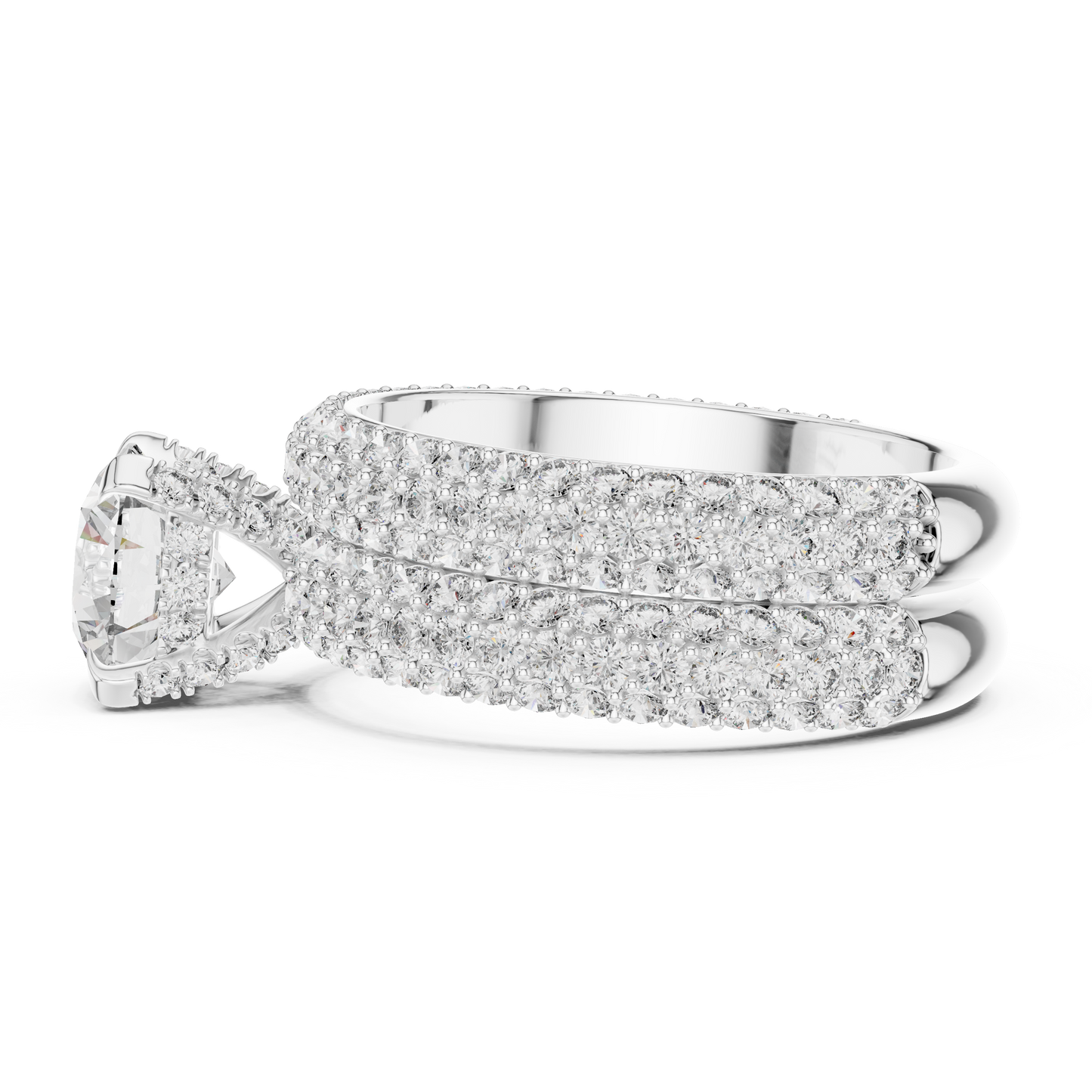 1.50CtHigh-Shine Bridal Ring Pair – Round Solitaire with Triple-Row Diamond Band - big stone engagement ring