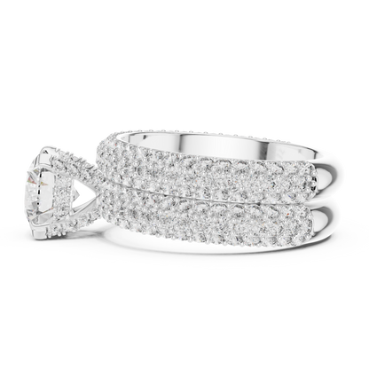 1.50CtHigh-Shine Bridal Ring Pair – Round Solitaire with Triple-Row Diamond Band - big stone engagement ring
