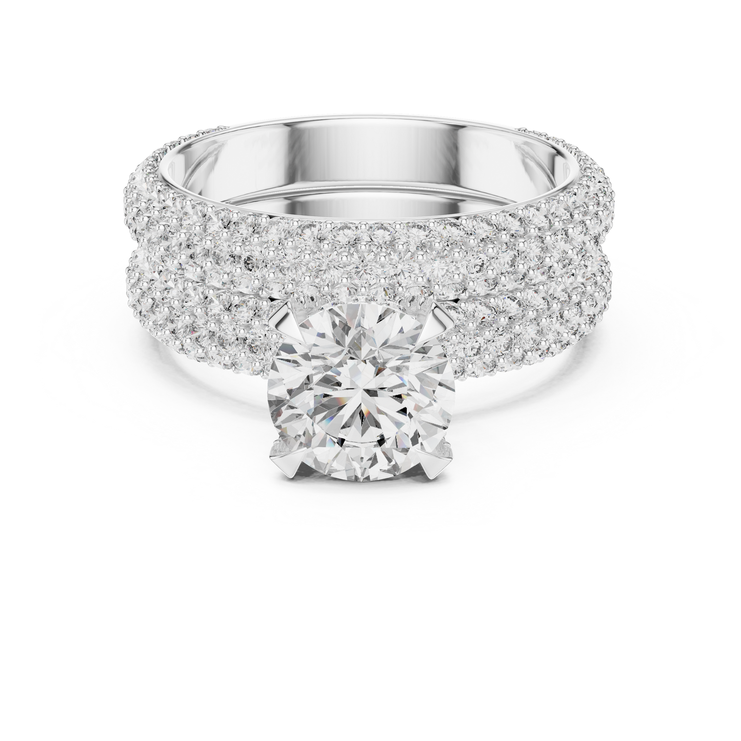1.50CtHigh-Shine Bridal Ring Pair – Round Solitaire with Triple-Row Diamond Band - big stone engagement ring