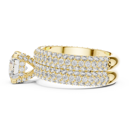 1.50CtHigh-Shine Bridal Ring Pair – Round Solitaire with Triple-Row Diamond Band - big stone engagement ring