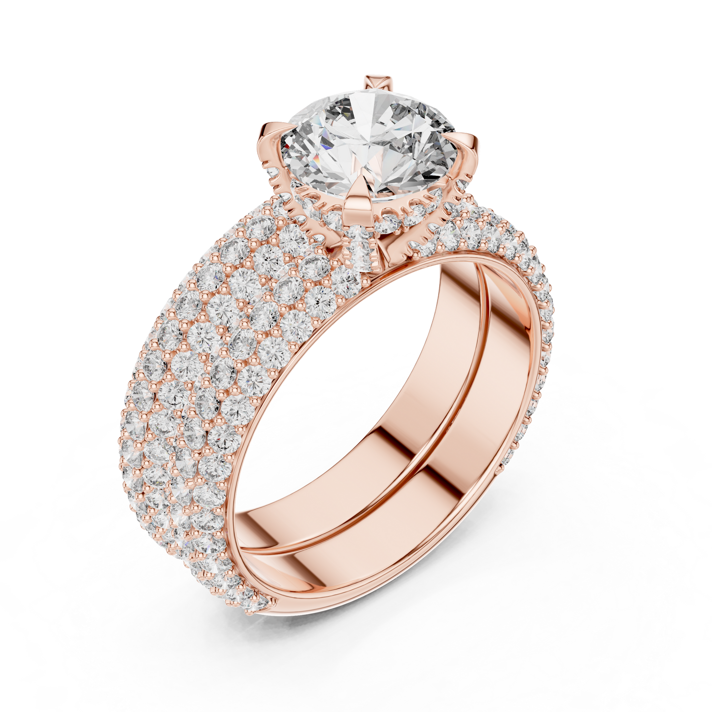 1.50CtHigh-Shine Bridal Ring Pair – Round Solitaire with Triple-Row Diamond Band - big stone engagement ring