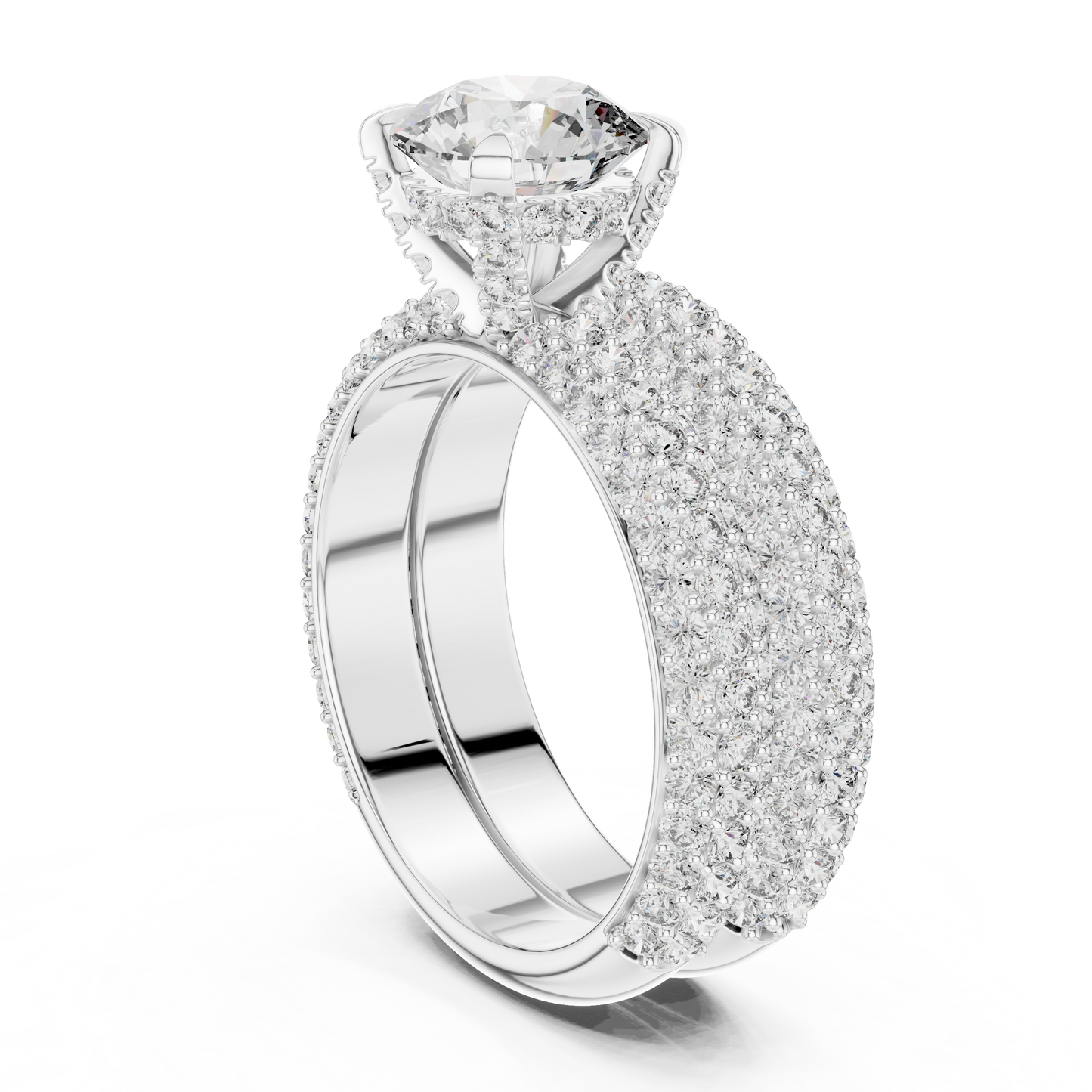 1.50CtHigh-Shine Bridal Ring Pair – Round Solitaire with Triple-Row Diamond Band - big stone engagement ring
