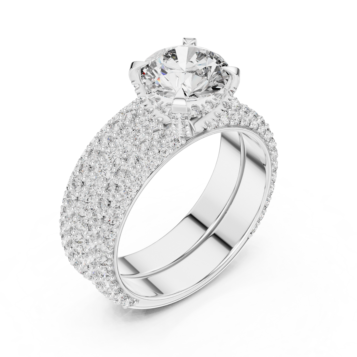 1.50CtHigh-Shine Bridal Ring Pair – Round Solitaire with Triple-Row Diamond Band - big stone engagement ring