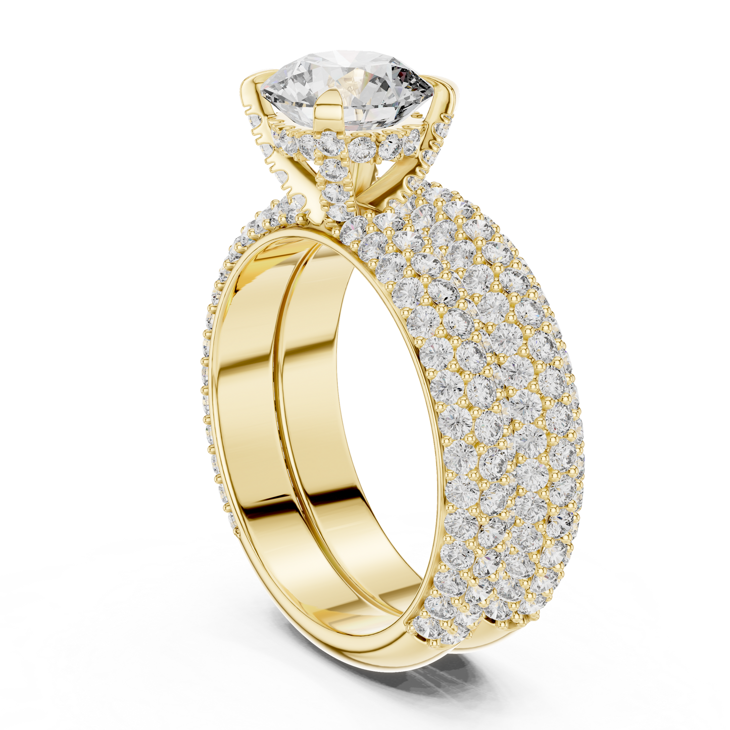 1.50CtHigh-Shine Bridal Ring Pair – Round Solitaire with Triple-Row Diamond Band - big stone engagement ring