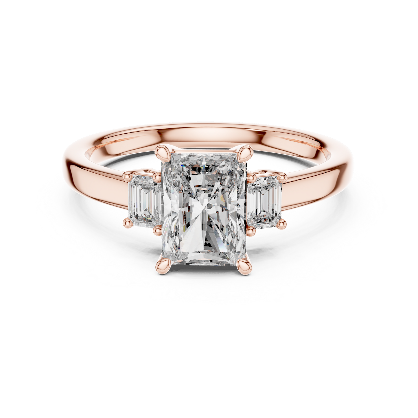 1.50Ct Radiant Three-Stone Engagement Ring • Emerald Side Stones • Rose Gold Dainty Diamond Ring