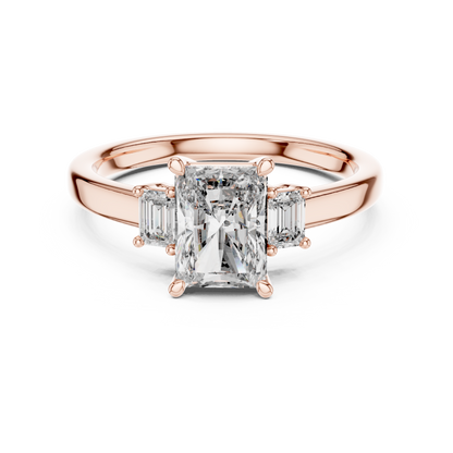 1.50Ct Radiant Three-Stone Engagement Ring • Emerald Side Stones • Rose Gold Dainty Diamond Ring